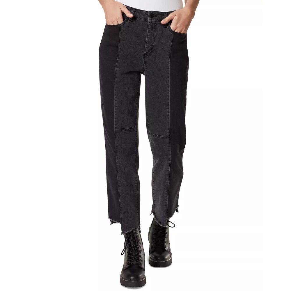 Frayed Women Charcoal Denim High Rise Contrast Panel Straight Jeans Size 30